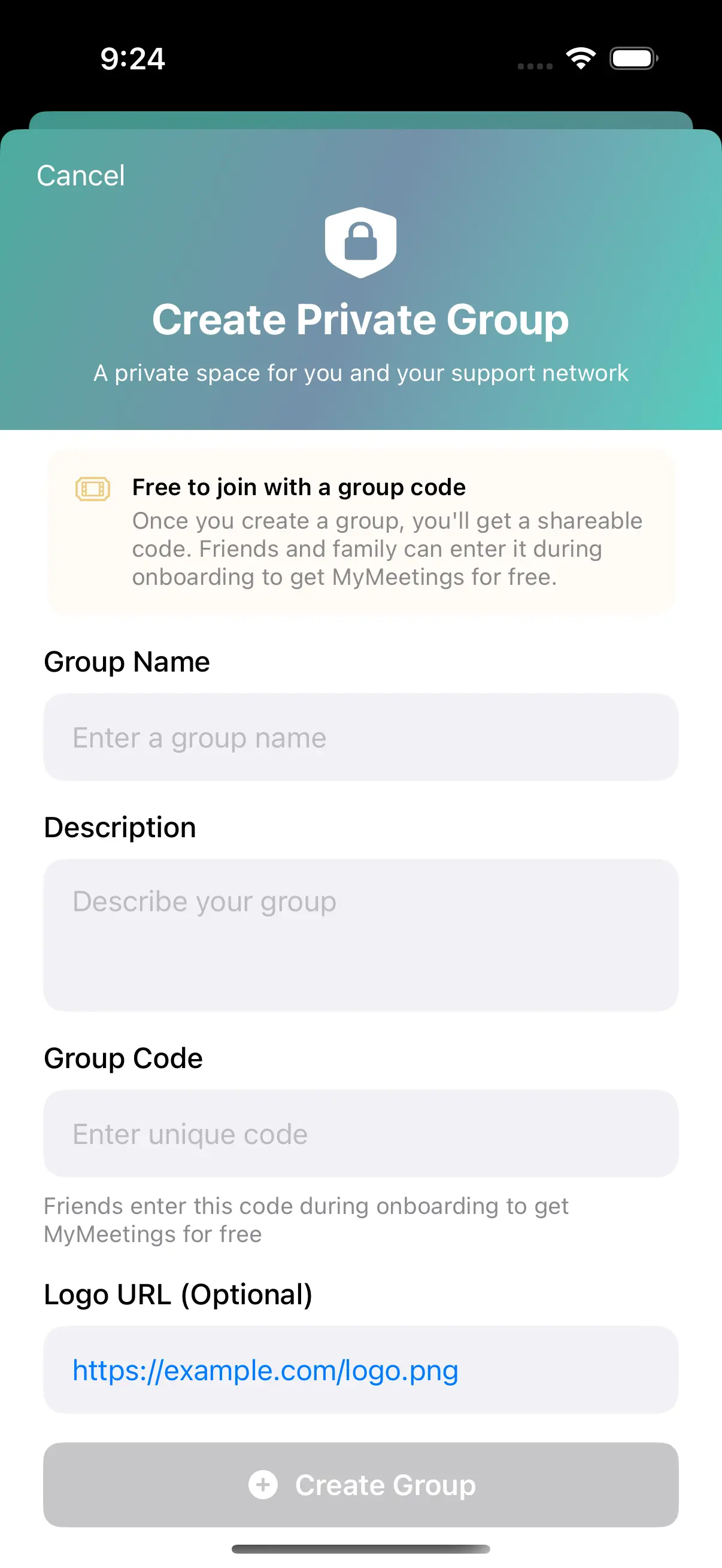 The Create Private Group form in MyMeetings showing name, description, group code, and logo fields