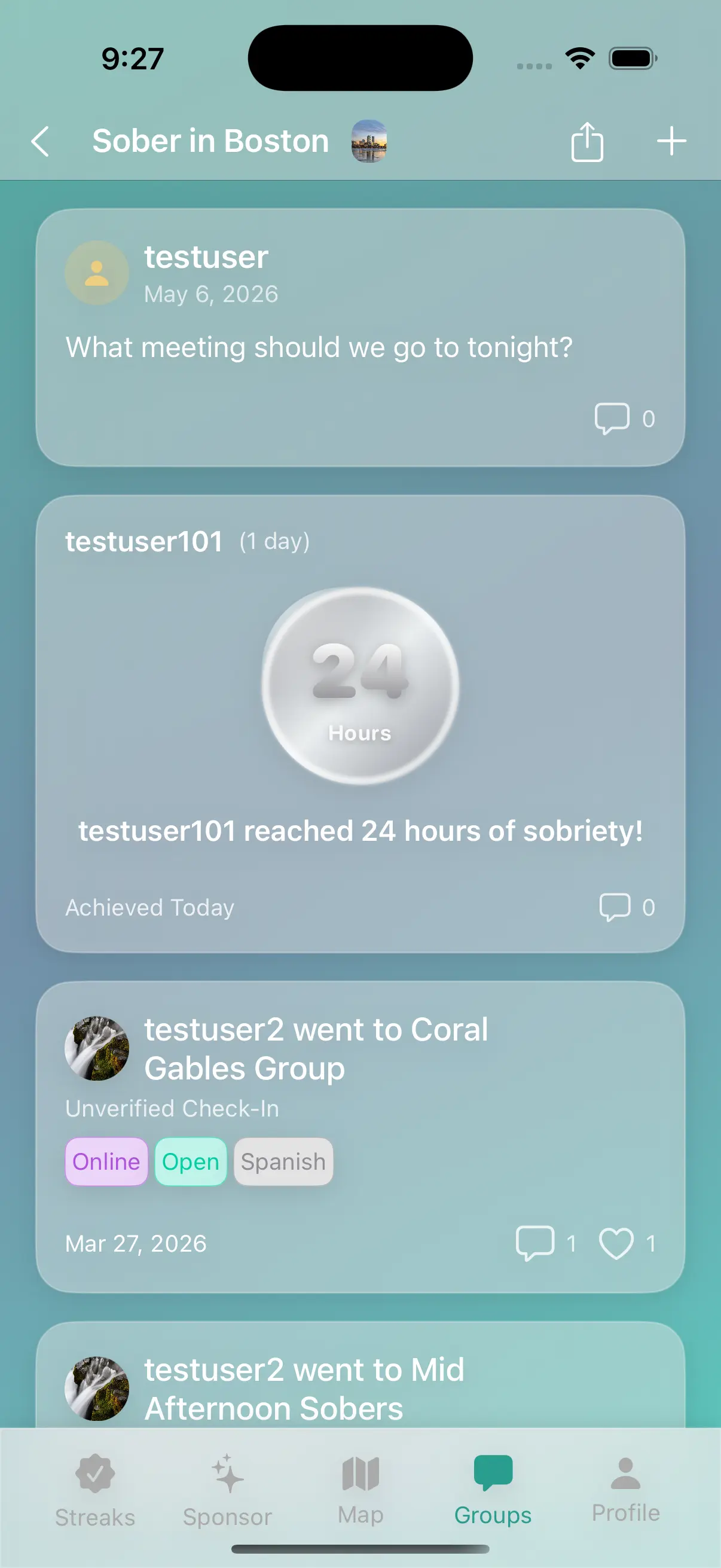 The MyMeetings group feed showing attendance cards, a milestone card, and the share and post buttons