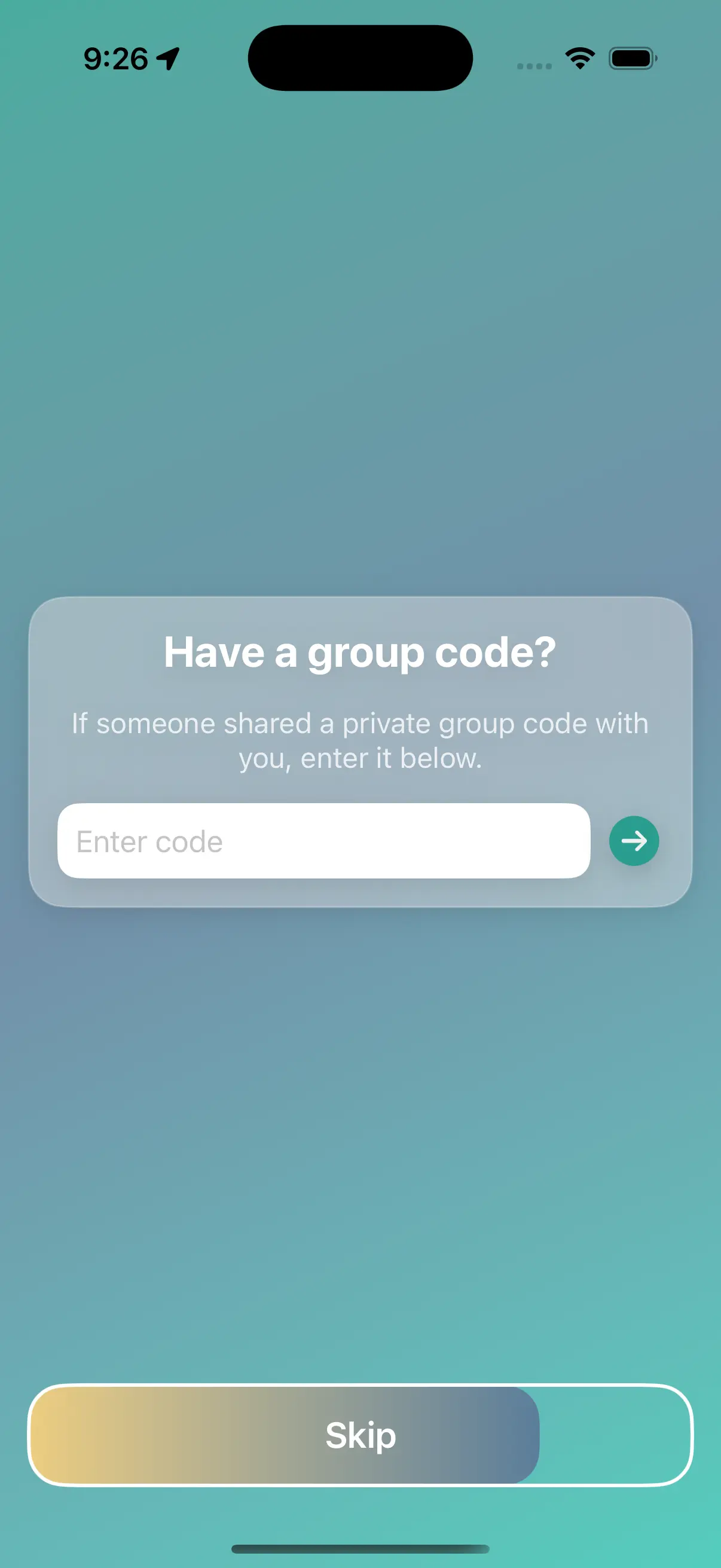 The Have a group code screen during MyMeetings onboarding with a code input field
