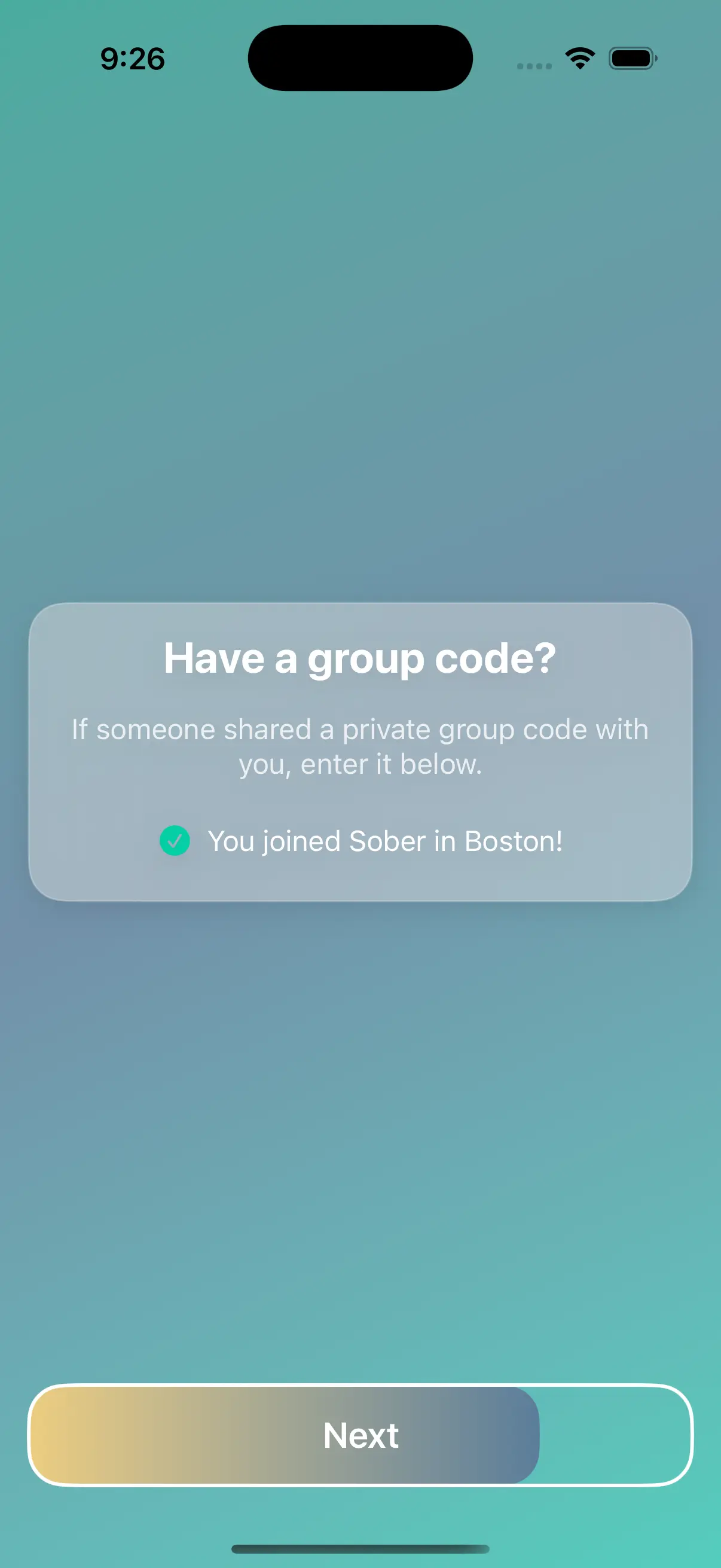 Success state after entering a valid group code during onboarding showing the group name and member count