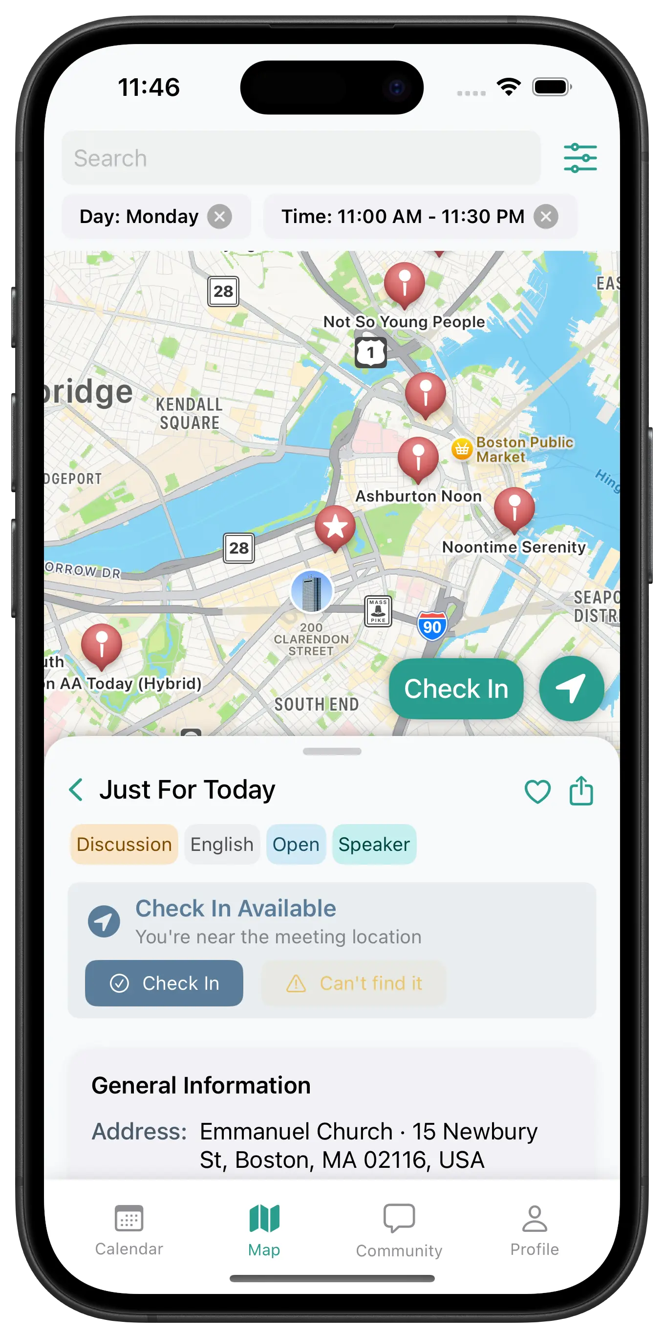 AA meeting finder app showing nearby meetings list and map view