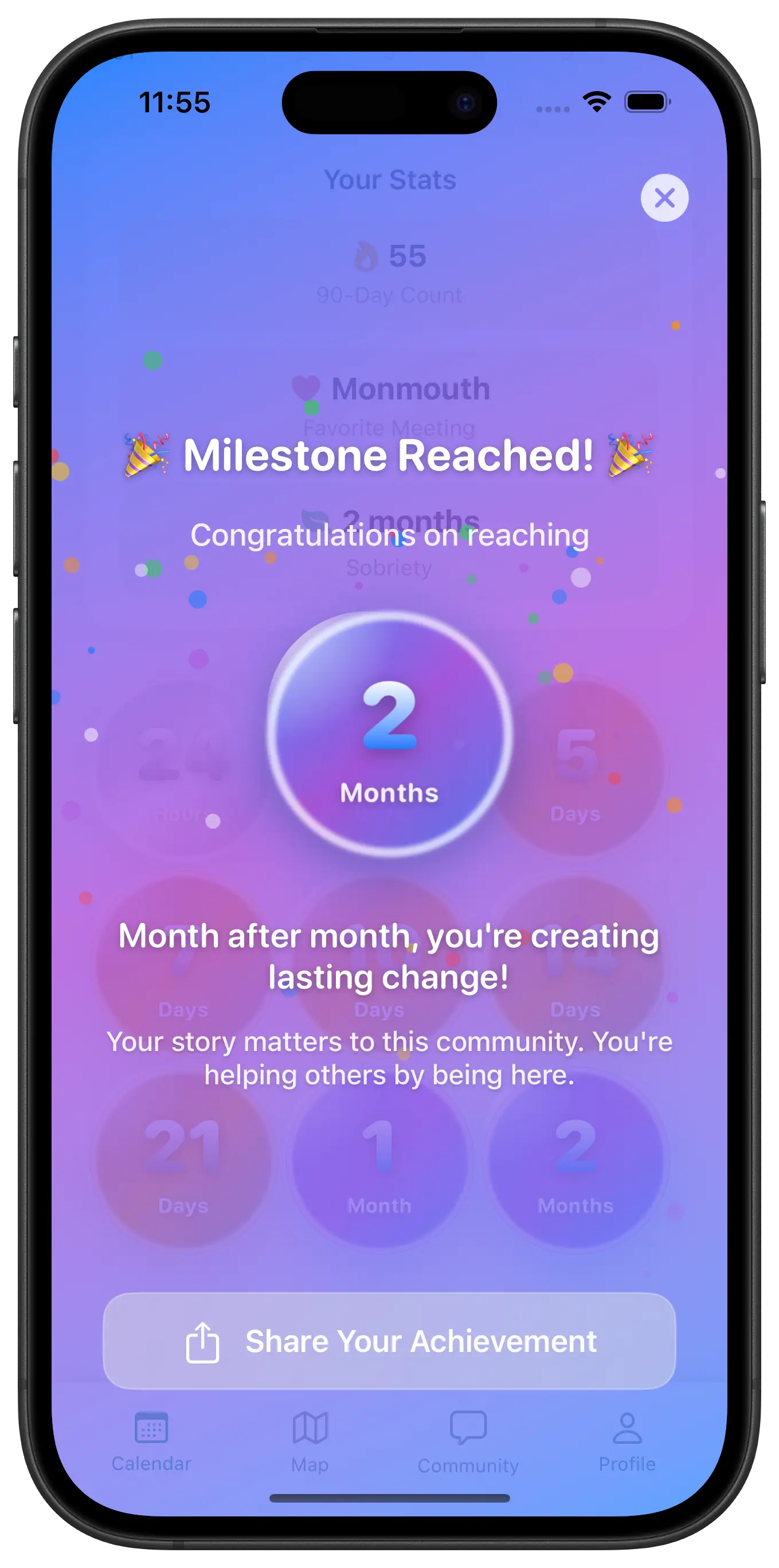 AA meeting details with check-in and personal recovery notes