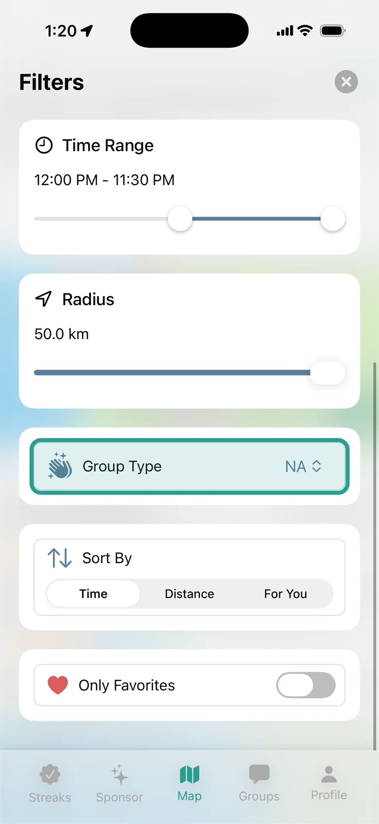 The MyMeetings Filters sheet with the Group Type setting highlighted and set to NA