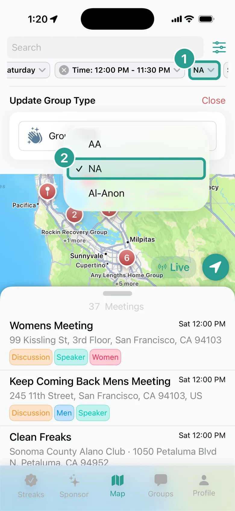 The MyMeetings map with the group type chip highlighted and NA selected in the Update Group Type menu